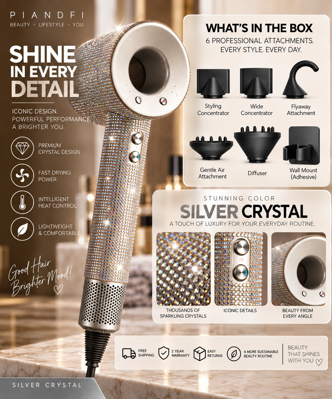 Piandfi™ Supersonic Diamond Hair Dryer (5 attachments)