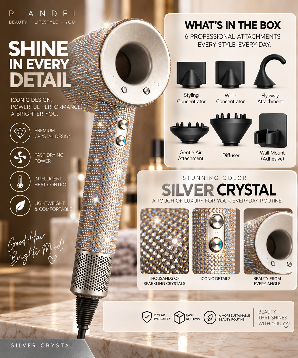 Piandfi™ Supersonic Diamond Hair Dryer (5 attachments)