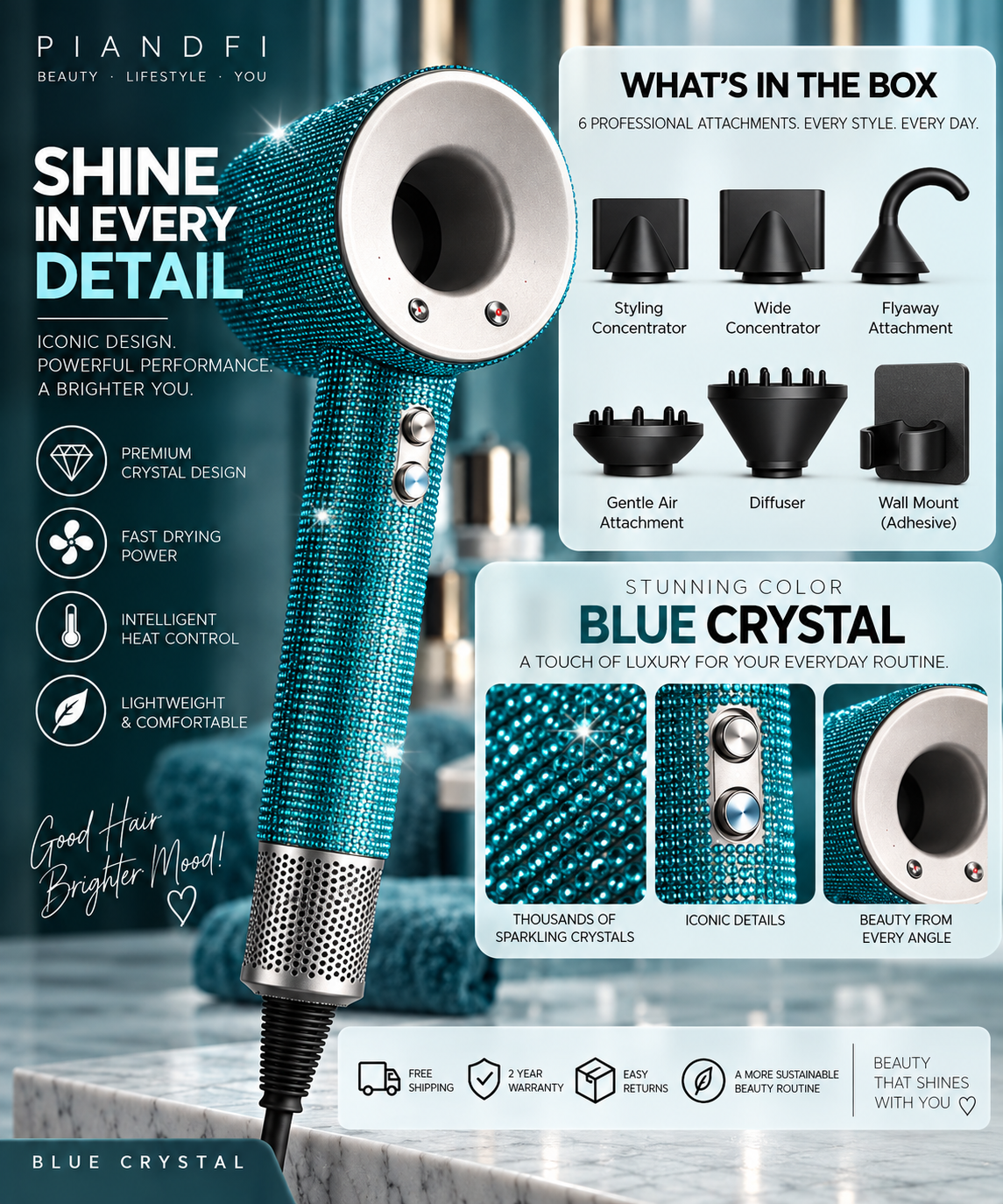 Piandfi™ Supersonic Diamond Hair Dryer (5 attachments)
