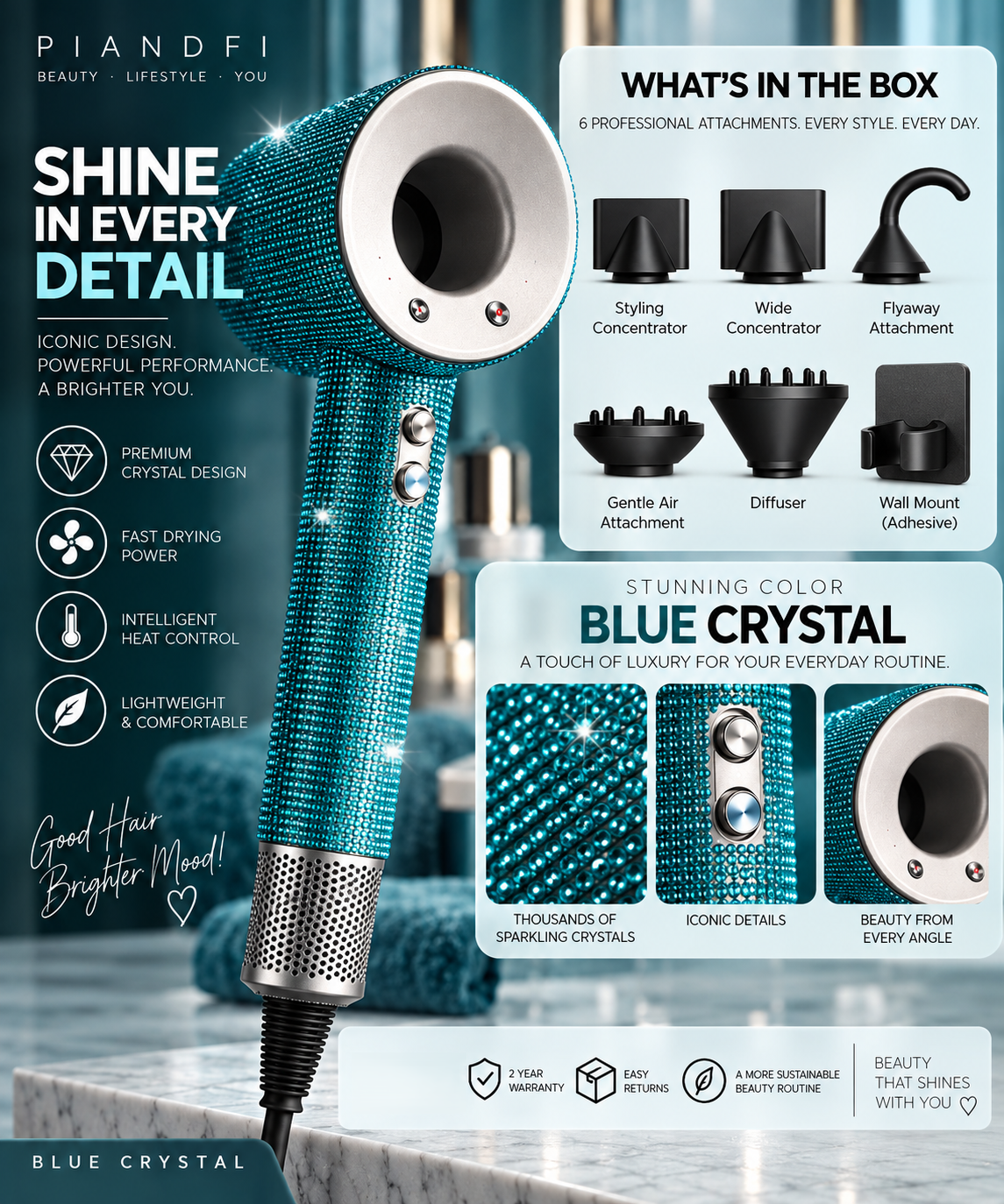 Piandfi™ Supersonic Diamond Hair Dryer (5 attachments)