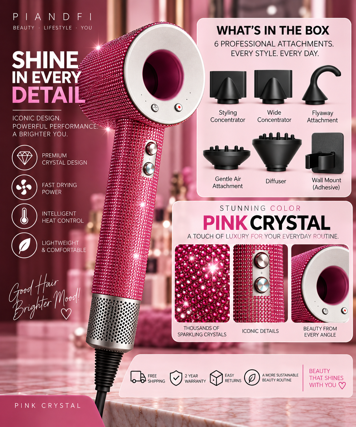 Piandfi™ Supersonic Diamond Hair Dryer (5 attachments)