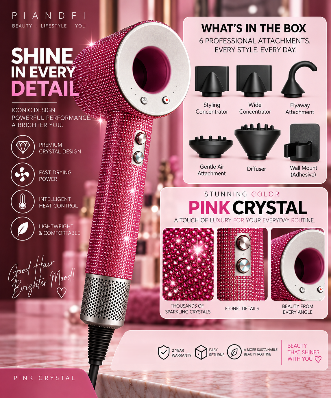 Piandfi™ Supersonic Diamond Hair Dryer (5 attachments)