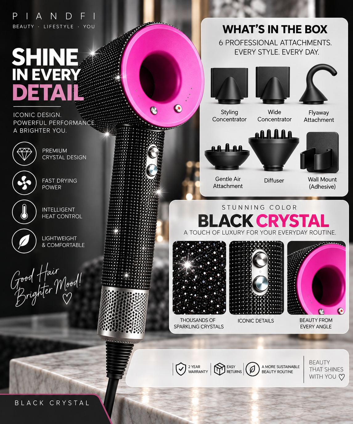 Piandfi™ Supersonic Diamond Hair Dryer (5 attachments)