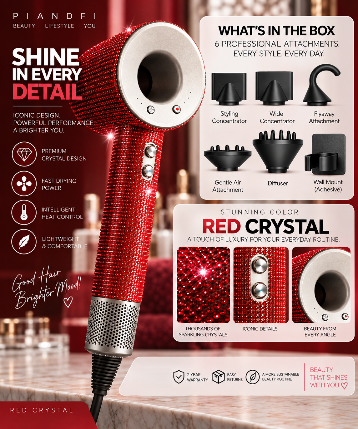 Piandfi™ Supersonic Diamond Hair Dryer (5 attachments)