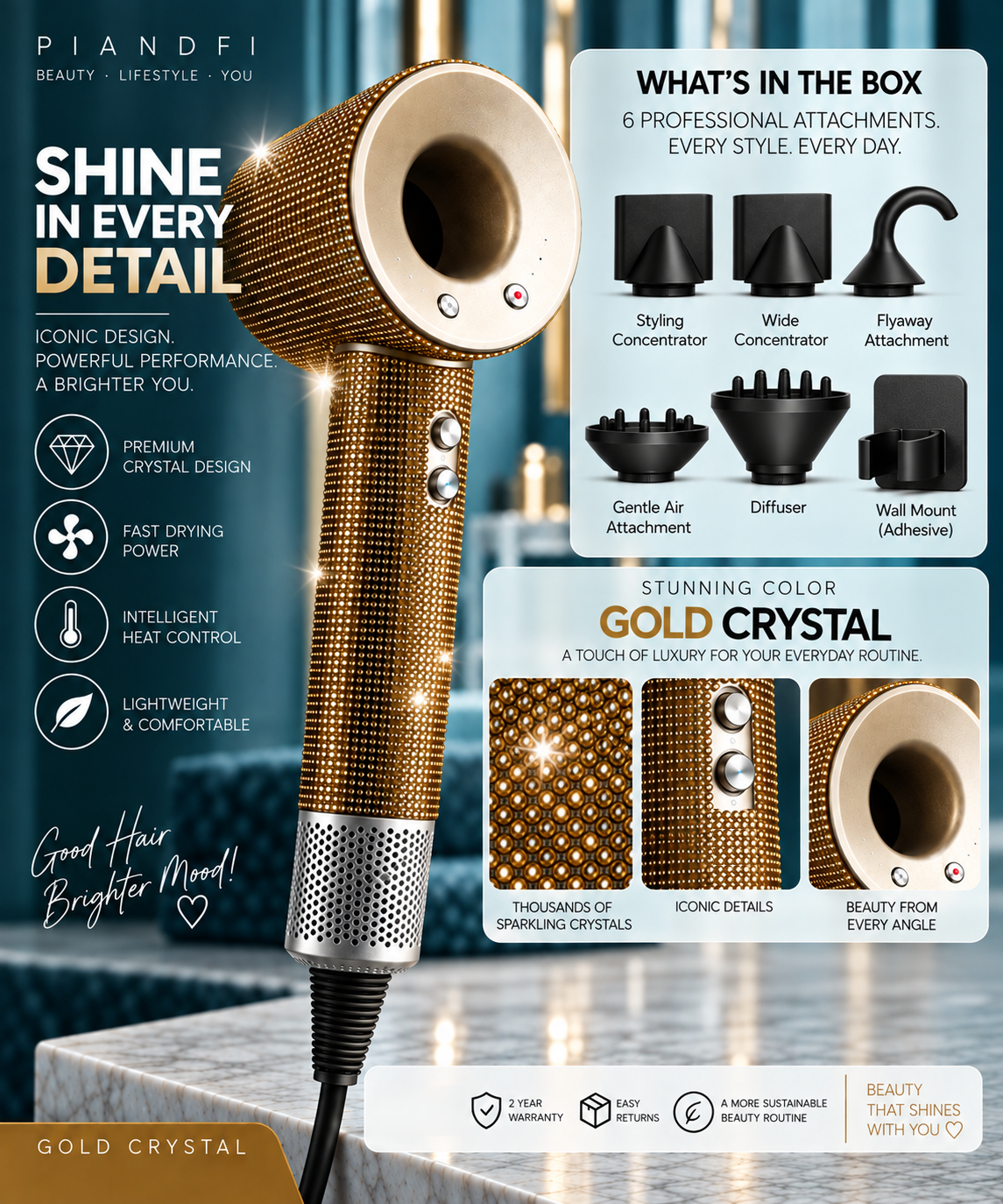 Piandfi™ Supersonic Diamond Hair Dryer (5 attachments)
