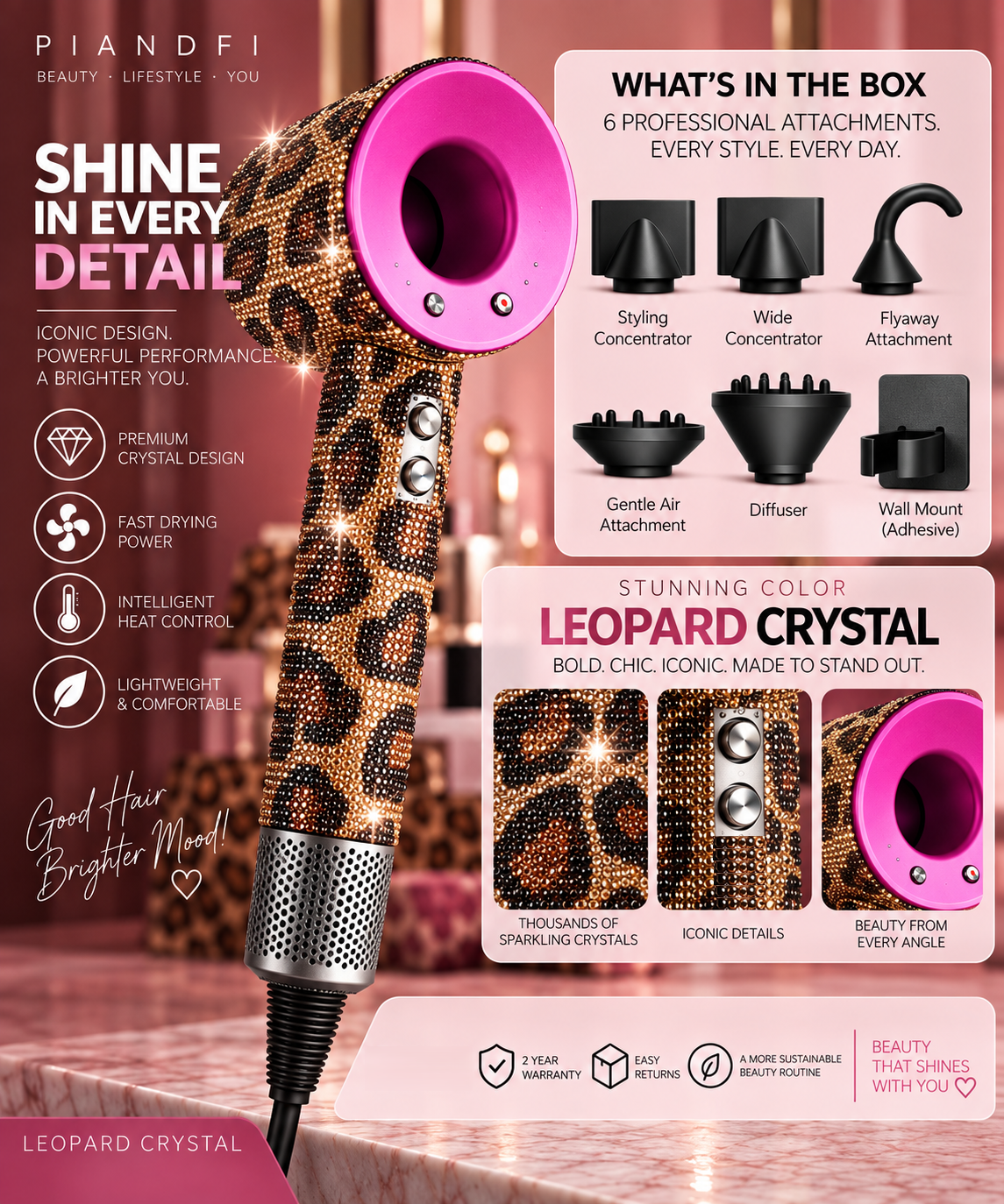 Piandfi™ Supersonic Diamond Hair Dryer (5 attachments)